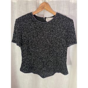 Vintage Papell Boutique Evening‎ Beaded Top Black and Silvery Floral Beads Large